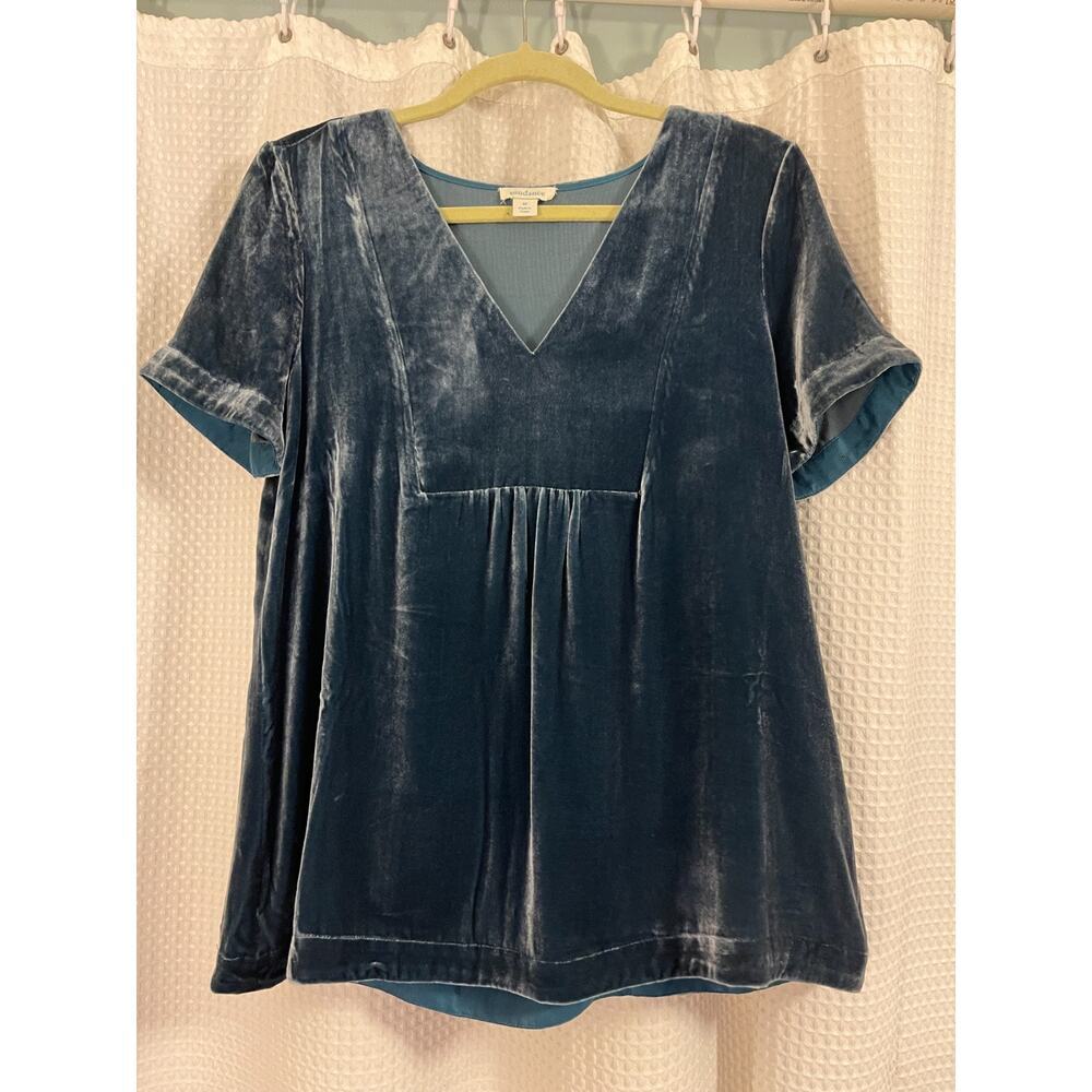 Sundance Teal Velvet V-Neck Short Sleeve Blouse